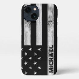 US-Flagge Rustic Wood Schwarz-weiß Monogram iPhone Hülle