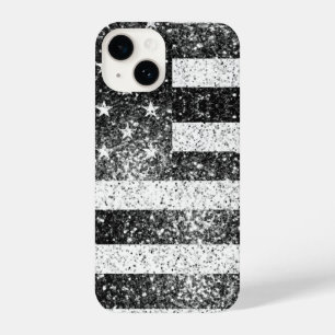 US-Flagge rustikale Schwarz-weiße silberne Glitzer iPhone 14 Hülle