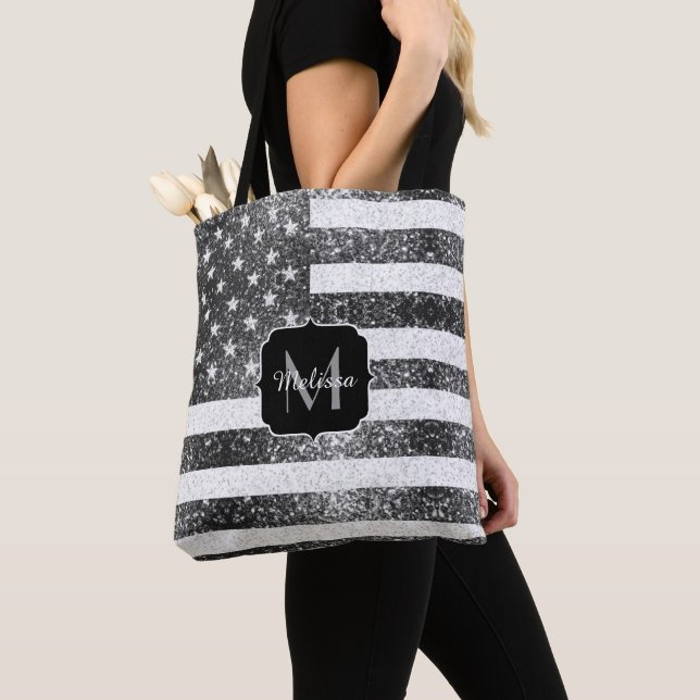 US-Flagge Schwarz-weiße Glitzern Monogram Tasche (Von Nahem)