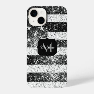 US-Flagge Schwarz-weiße silberne Glitzern Monogram iPhone 14 Hülle