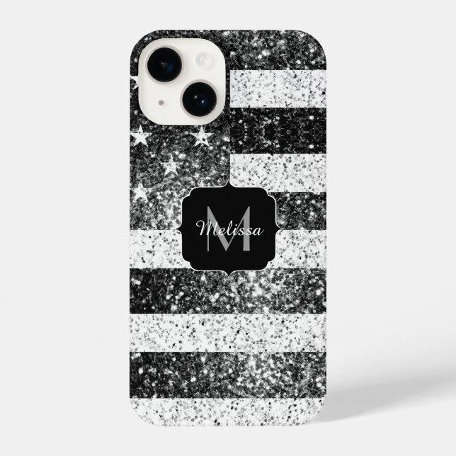 US-Flagge Schwarz-weiße silberne Glitzern Monogram iPhone 14 Hülle (Rückseite)