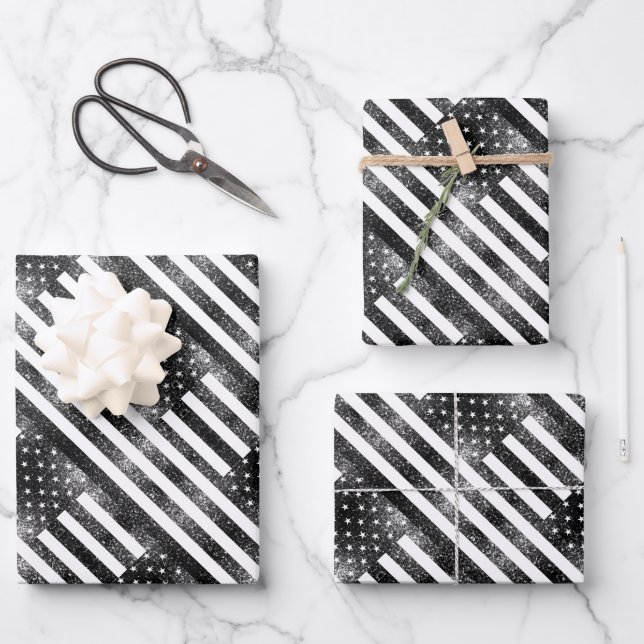 US-Flagge Schwarzweiß-Glitzern Glitzer Muster Geschenkpapier Set (Vorderseite)