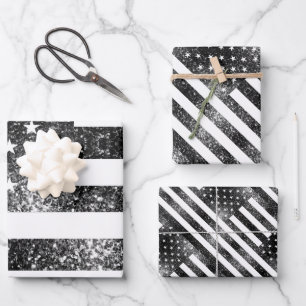 US-Flagge Schwarzweiß-Glitzern Glitzer Muster Geschenkpapier Set