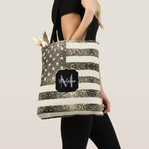 US-Flagge Sepia gold Glitzern Monogram Tasche