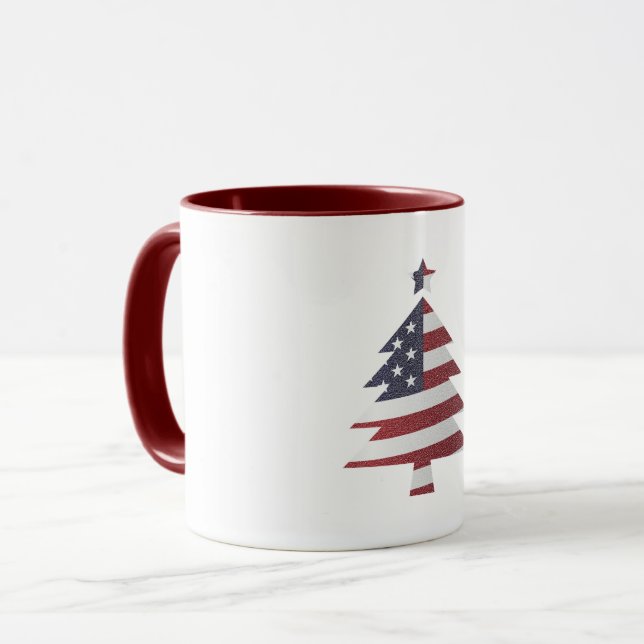 US Flagge Snowy Christmas Tree Patriotic Tasse (Vorderseite Links)