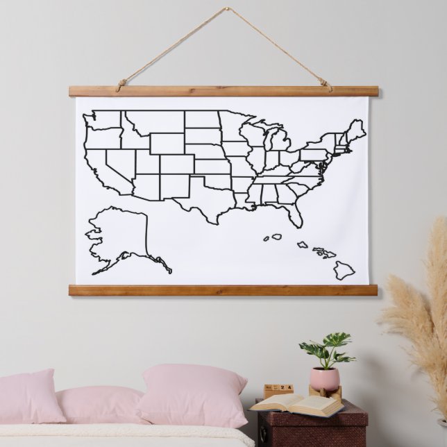 US Map Blank Kontur United Staaten Wandteppich Mit Holzrahmen (Schlafzimmer)