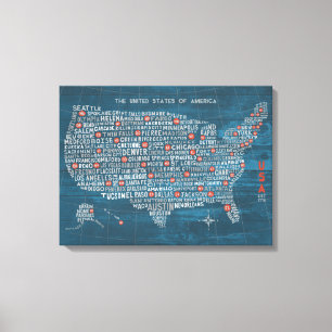 US-Stadt-Karte auf hölzernem Blau Leinwanddruck