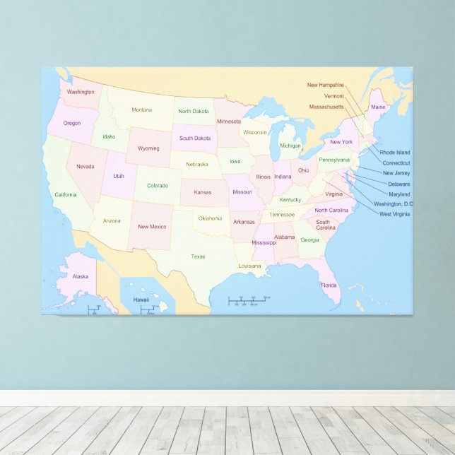 US USA United Staaten Map 60x40 inch Leinwanddruck (Insitu (Holzboden))