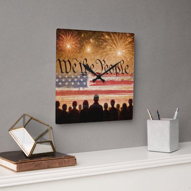 US-Verfassung mit Flag und Feuerwerk Quadratische Wanduhr (Büro)