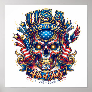 USA 250 Jahre Patriotischer Totenkopf 4. Juli Poster