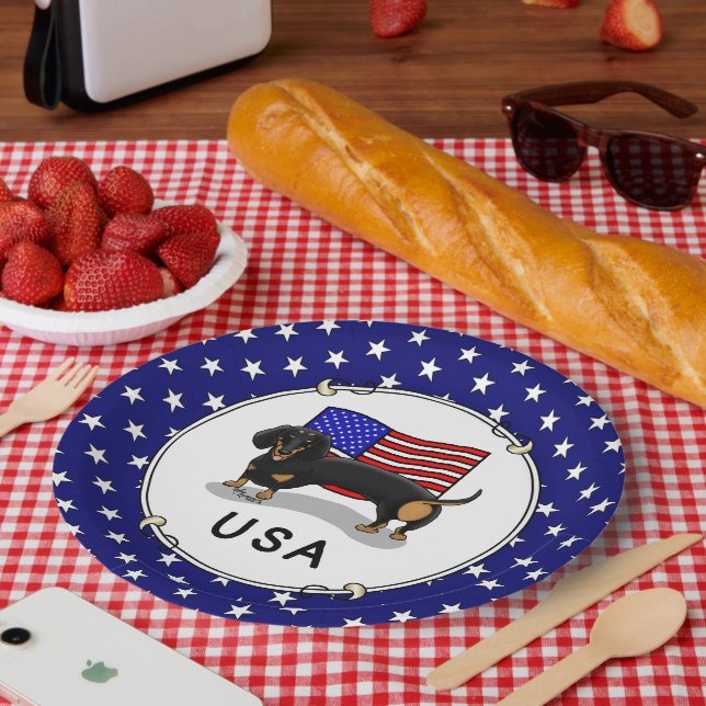 USA American Flag Dachshund Dachsie (black & tan) Pappteller (Picknick)
