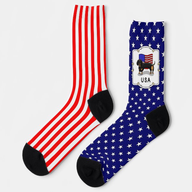 USA American Flag Dackel Dachshund (schwarz & tan) Socken (Linkes Detail)