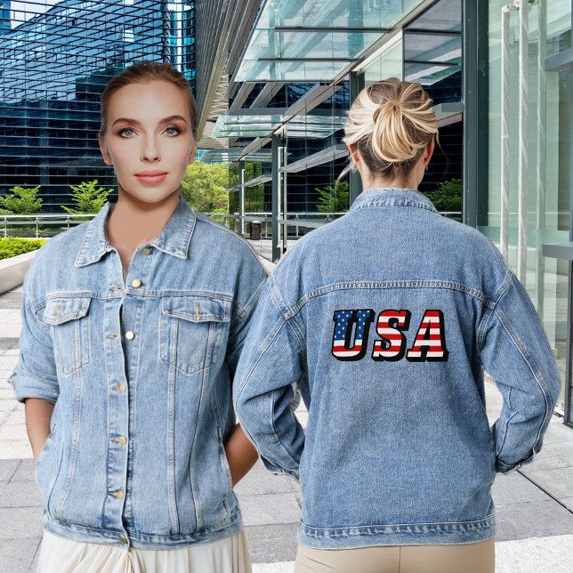 USA American Flag Einzigartiger Schriftart Womens Jeansjacke (USA American Flag Unique Font Women's Denim Jacket)