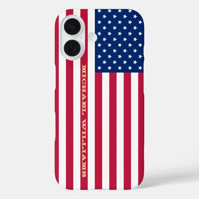 USA American Flag Gold Monogram Patriotic Stylish iPhone 16 Hülle (Rückseite)