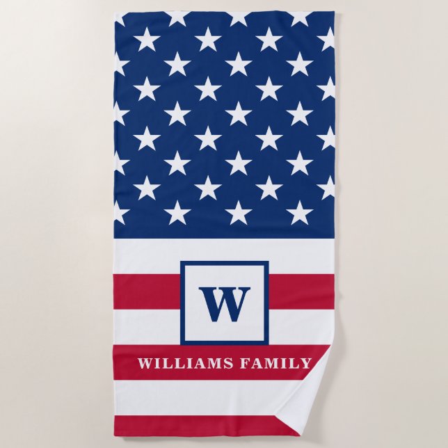 USA American Flag Monogram Family Name 4. Juli Strandtuch (Vorderseite)