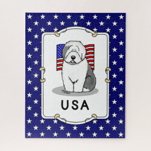 USA American Flag Old English Sheepdog (Gray 1)
