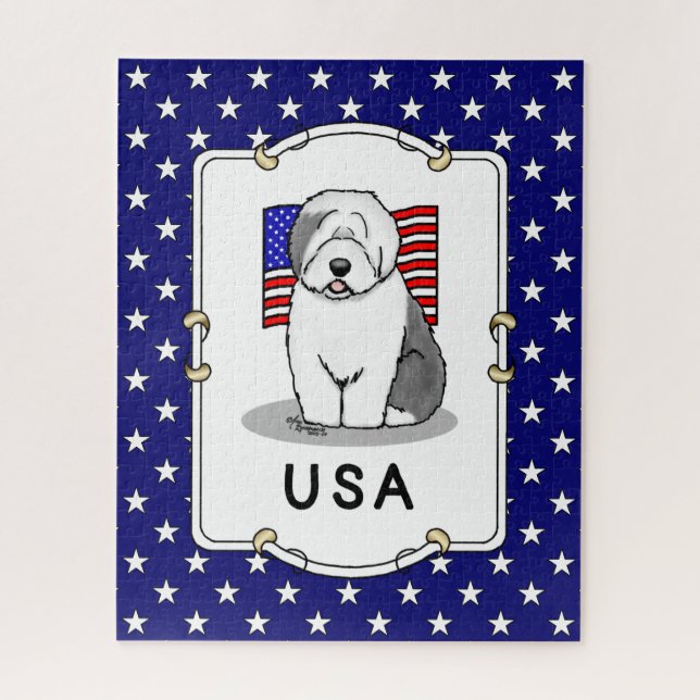 USA American Flag Old English Sheepdog (Gray 1) (Vertikal)