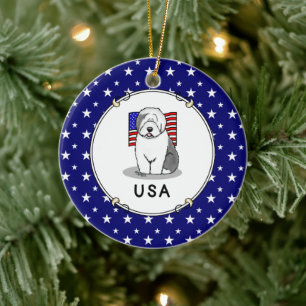 USA American Flag Old English Sheepdog (Gray 1) Keramik Ornament
