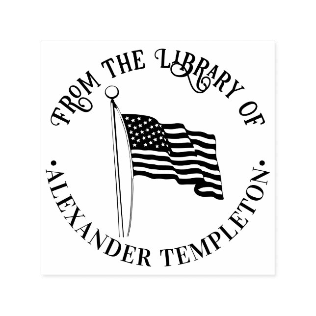USA American Flag Wave Library Round Book Name Permastempel (Design)