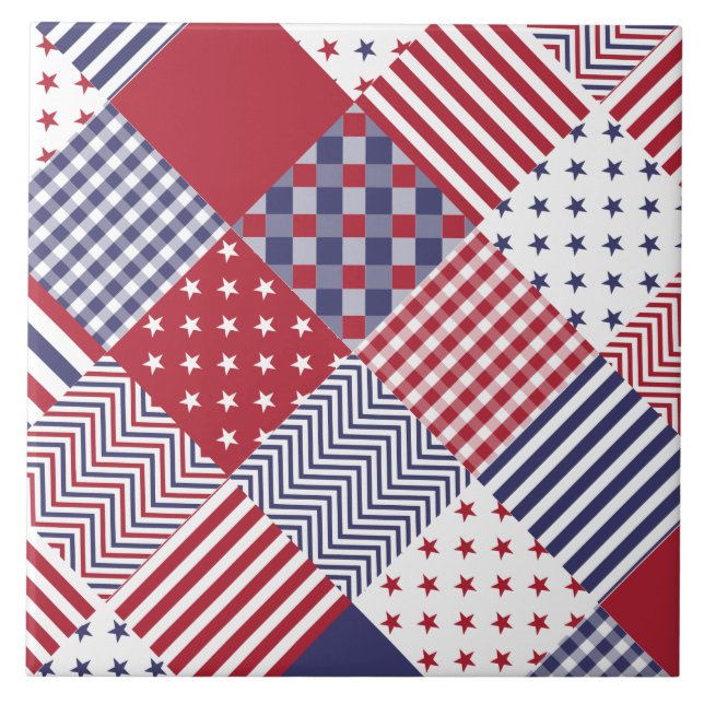 USA Americana Diagonal Red White & Blue Quilt Fliese (Vorderseite)