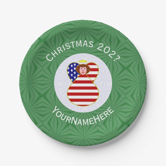 USA Angel Red Hair Weihnachtsfahne Personalisiert Pappteller (Vorderseite)