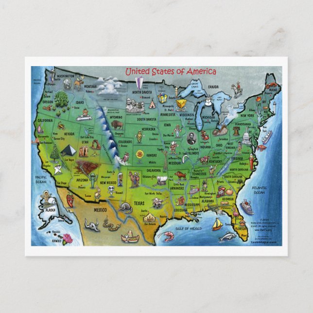 USA Cartoon Map Postkarte (Vorderseite)