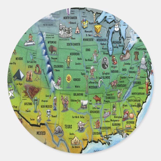 USA Cartoon Map Runder Aufkleber (Vorderseite)