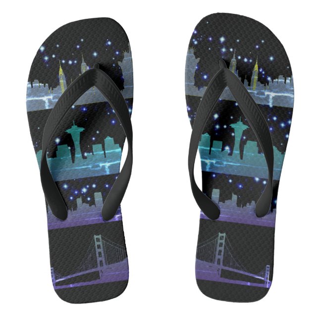 USA City Skylines Silver Nightlife with Stars Flip Flops (Fußbett)