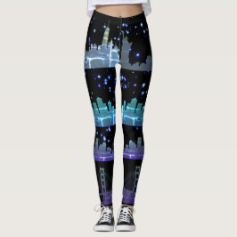USA City Skylines Silver Nightlife with Stars Leggings