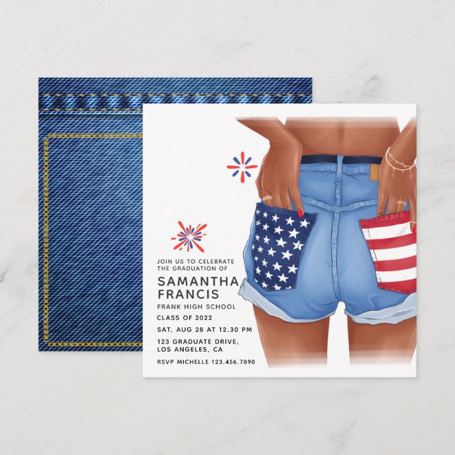 USA Denim Girl Graduation Party Einladung (Vorne/Hinten)