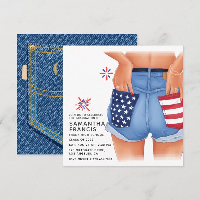 USA Denim Girl Graduation Party Einladung (Vorne/Hinten)