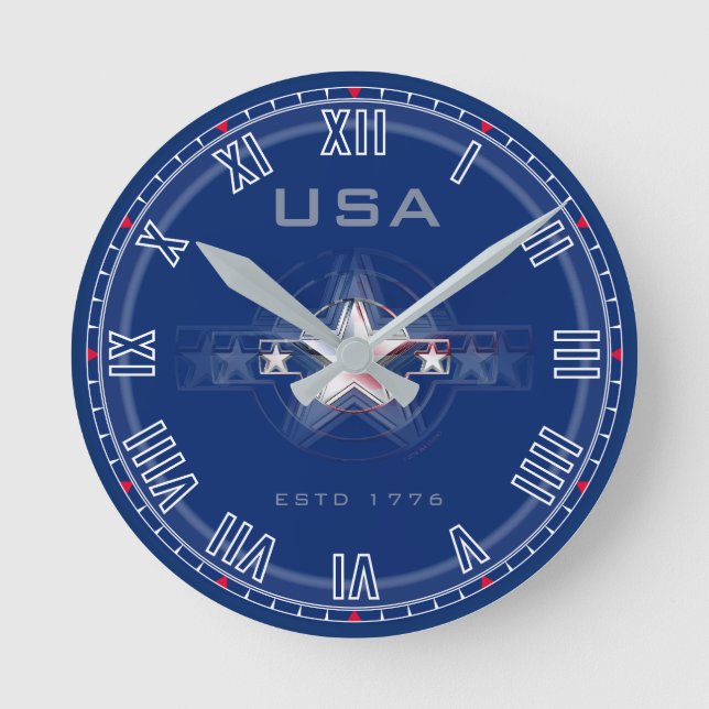 USA Estd. 1776 Roman Nos. (Blue) Round Clock Runde Wanduhr (Vorderseite)