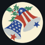USA Flag American Patriotic Christmas Bells Art Runder Aufkleber<br><div class="desc">Red White and blue USA Flag American Patriotic Christmas Bells Art Round Sticksheet</div>