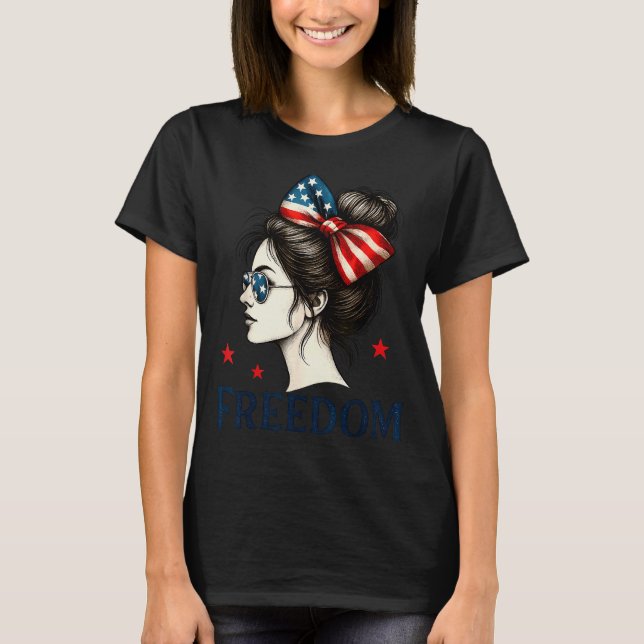 Usa Flag Bow Messy Bun Girls Dom American Flag Pat T-Shirt (Vorderseite)