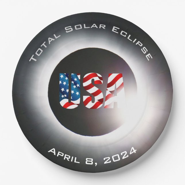 USA FLAG Gesamte Sonnenfinsternis 8. April 2024 Pappteller (Vorderseite)