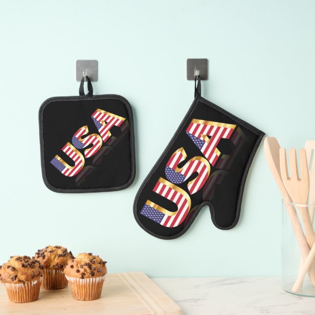 USA Flag Oven Mitt & Pot Holder Set - Farbe auswäh (Insitu (Hängend))