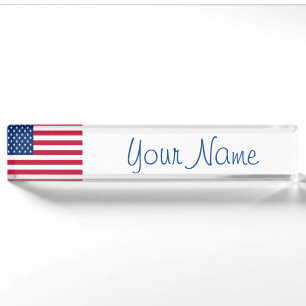 USA Flag Patriotic Custom Desk Name Plate Office Namensplakette
