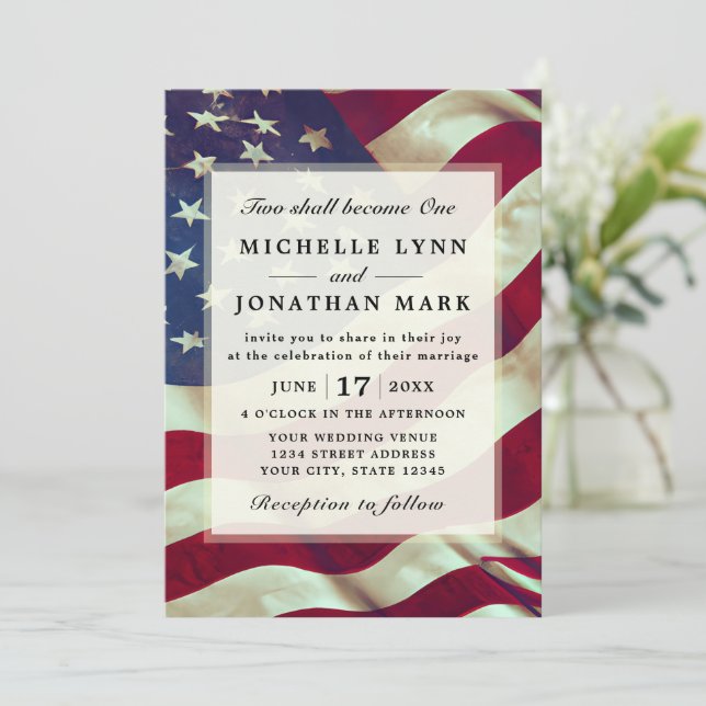 USA Flag Patriotic Two wird eine Bibelhochzeit Einladung (Stehend Vorderseite)