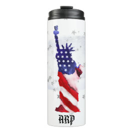 *~* USA Flag Silver Stars Clouds Statue of Liberty Thermosbecher