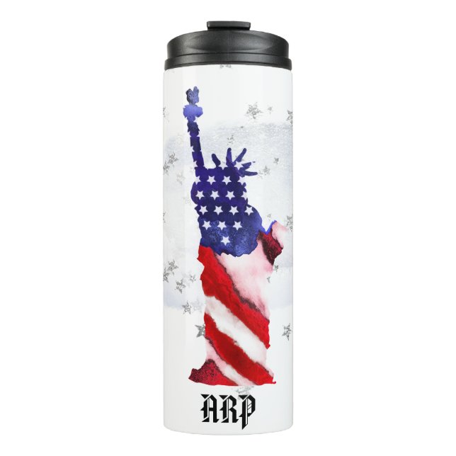 *~* USA Flag Silver Stars Clouds Statue of Liberty Thermosbecher (Vorderseite)