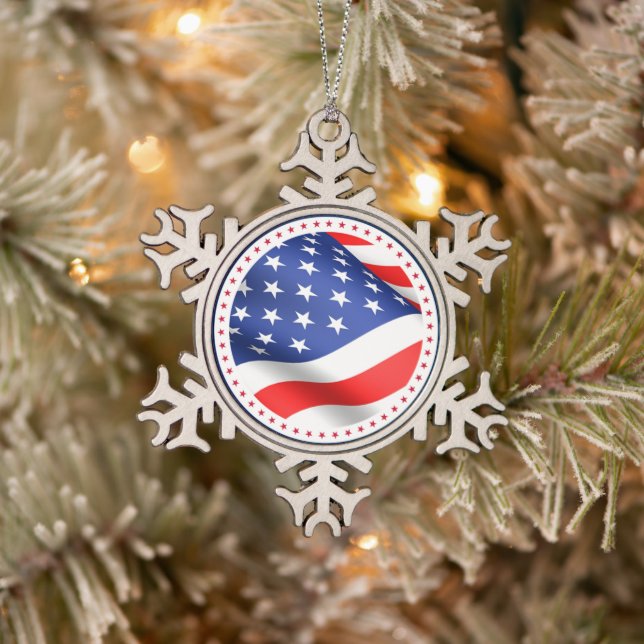 USA Flag Stars Stripes America Patriotische Weihna Schneeflocken Zinn-Ornament (Baum)