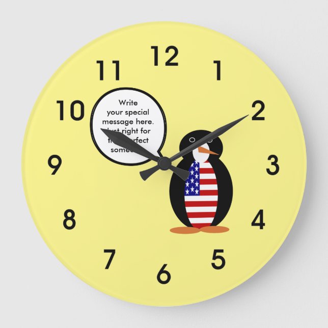 USA Flag Talking Ms. Penguin Große Wanduhr (Vorderseite)