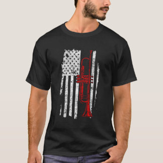 Usa Flag Thin Red Line Jazz Music Trumpet T-Shirt