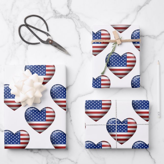 USA-Flagge | 3D-Herzsymbol Geschenkpapier Set (Vorderseite)