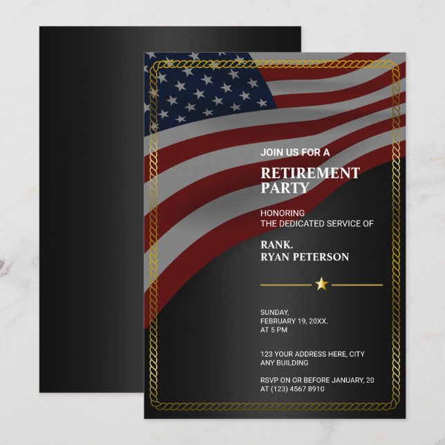 USA-Flagge | Ecke | Goldrahmen | Schwarz Einladung (Vorne/Hinten)