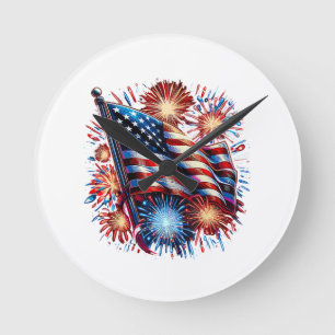 USA-Flagge Feuerwerk Patriotisch Runde Wanduhr