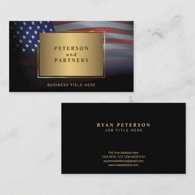 USA-Flagge | Gradation Gold Frame | Schwarz Visitenkarte (Vorne/Hinten)