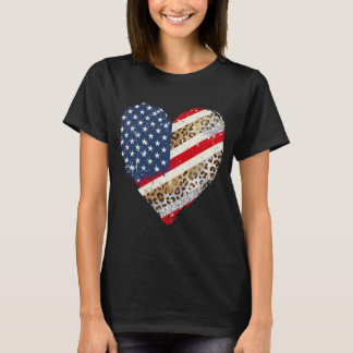 USA-Flagge Leopard Herz 4. Juli T-Shirt