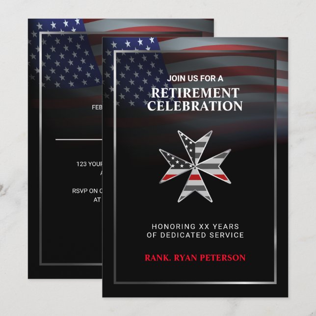 USA-Flagge | Maltesisches Kreuz mit dünner rote Li Einladung (Vorne/Hinten)