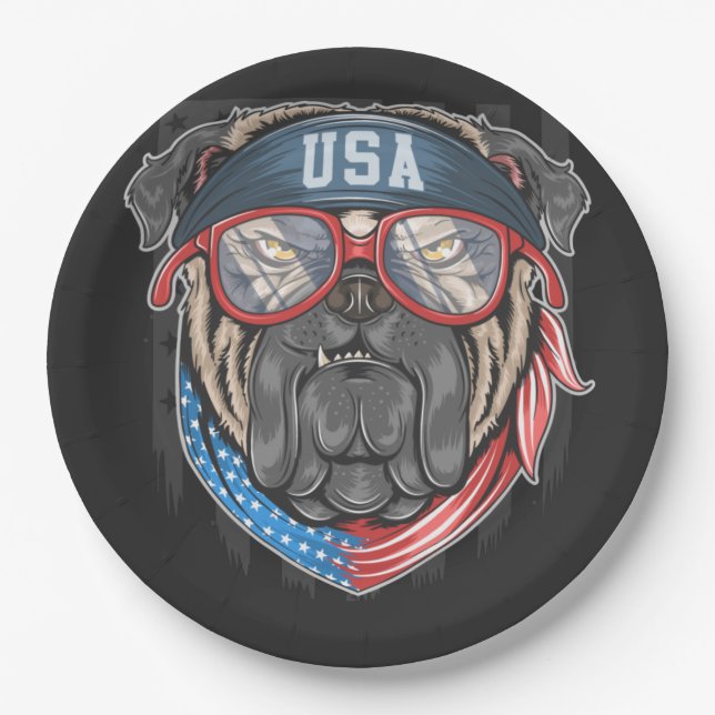 USA-Flagge mit Mops Paper-Tellern Pappteller (Vorderseite)